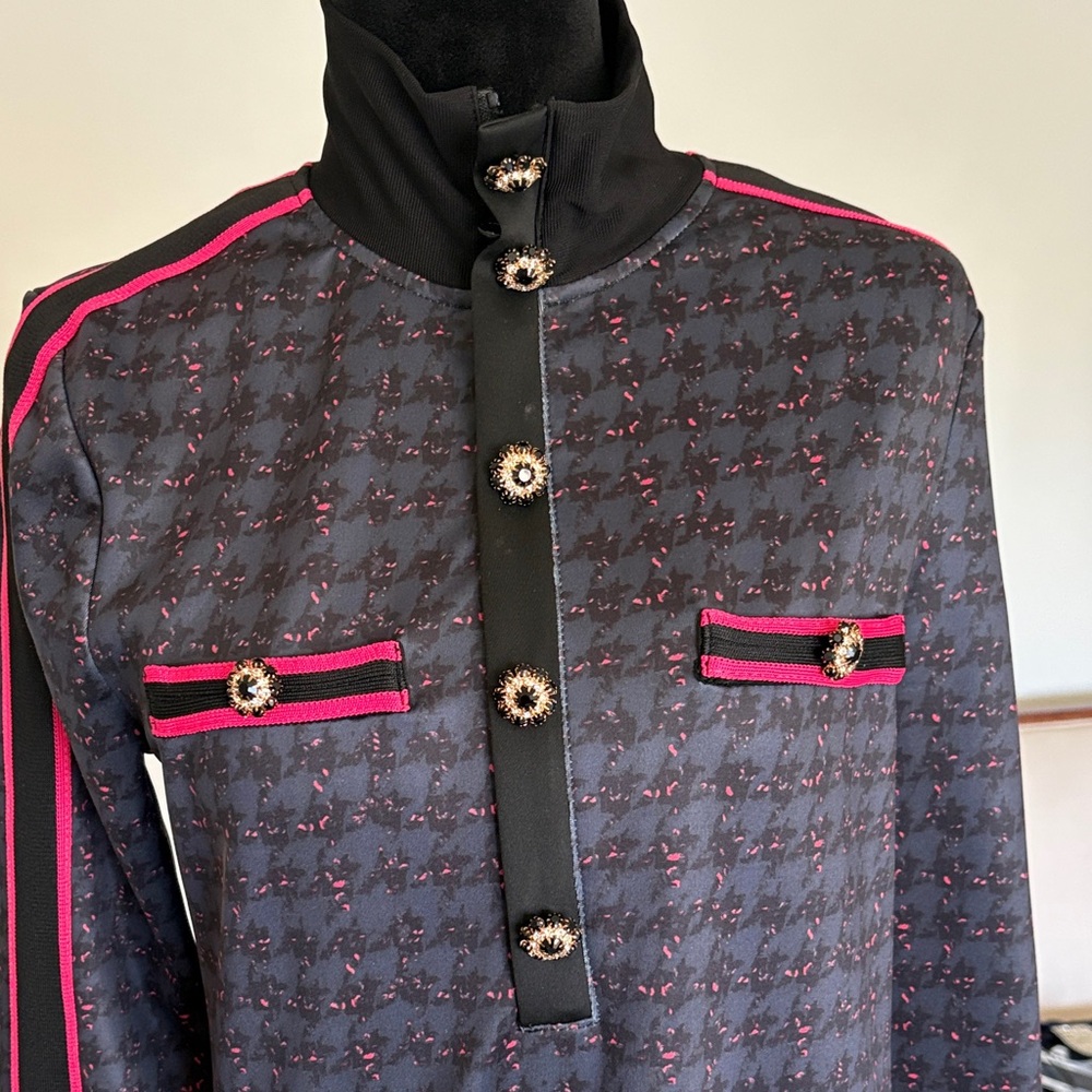 Womens Black Knit Long-Sleeve Dress with Pink Trim - Picture 2 of 4